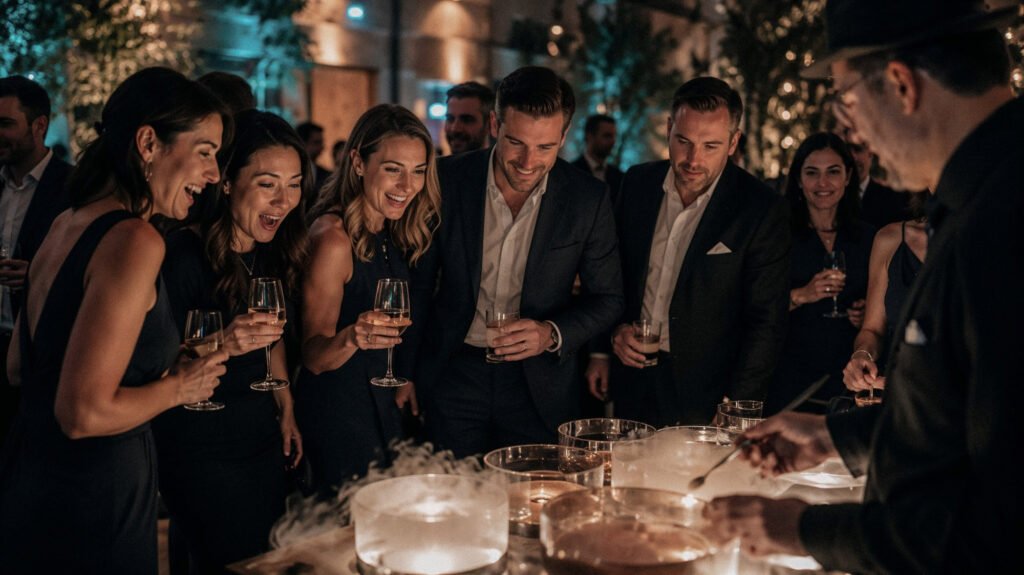 Event guests watching a custom activation during an evening San Diego reception with teal uplighting and cocktails.