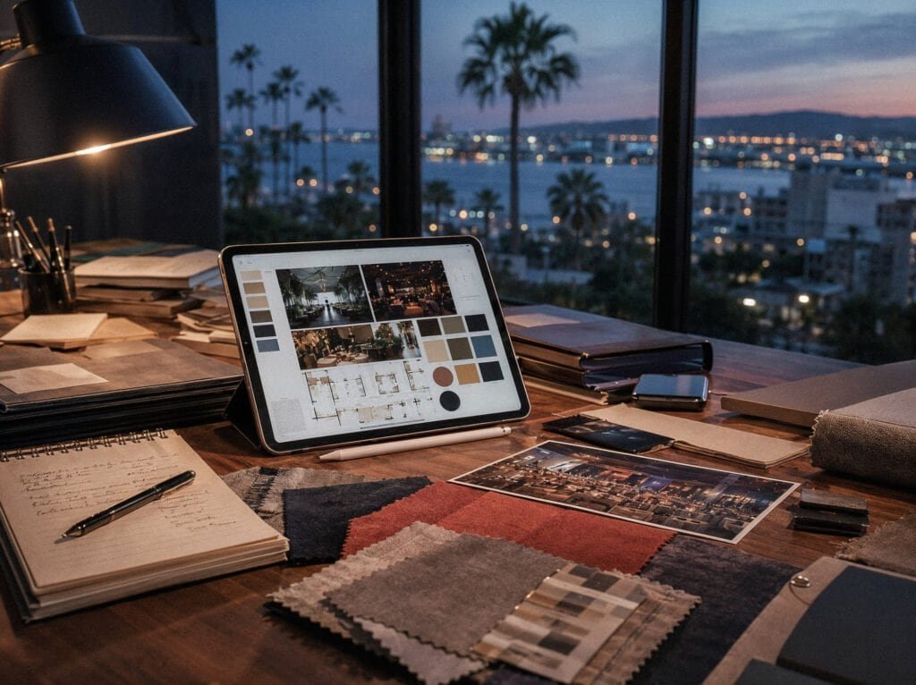 Event design workspace with tablet mood board, fabric samples, notebooks, printed references, and a city waterfront view at dusk.