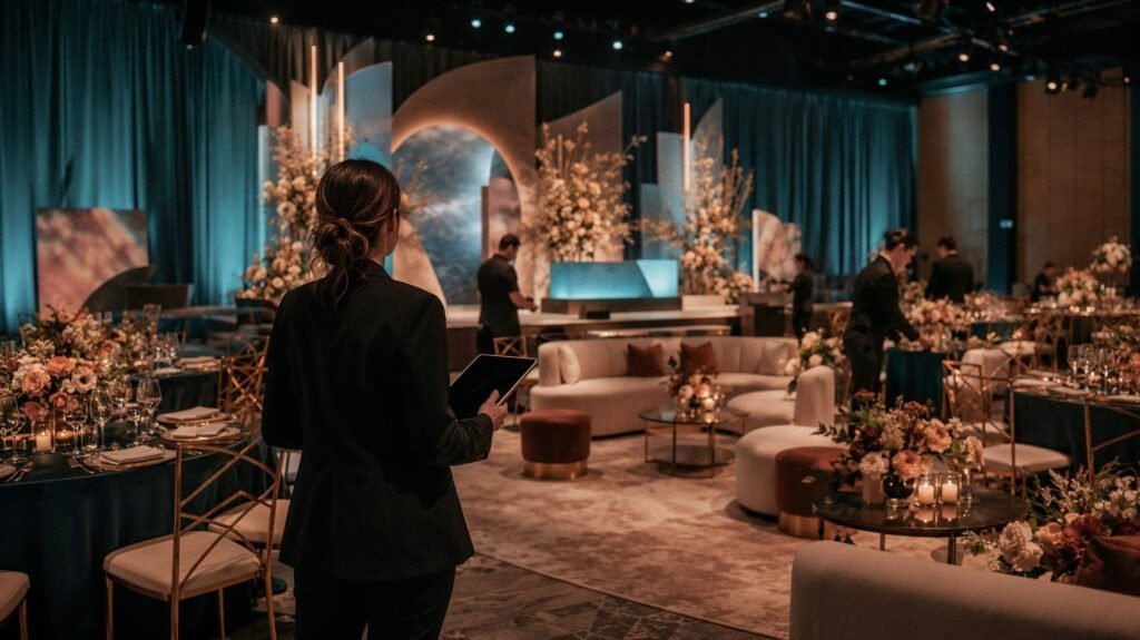 San Diego event producer with tablet overseeing a dining and lounge setup with teal draping, floral arrangements, and large scenic panels.
