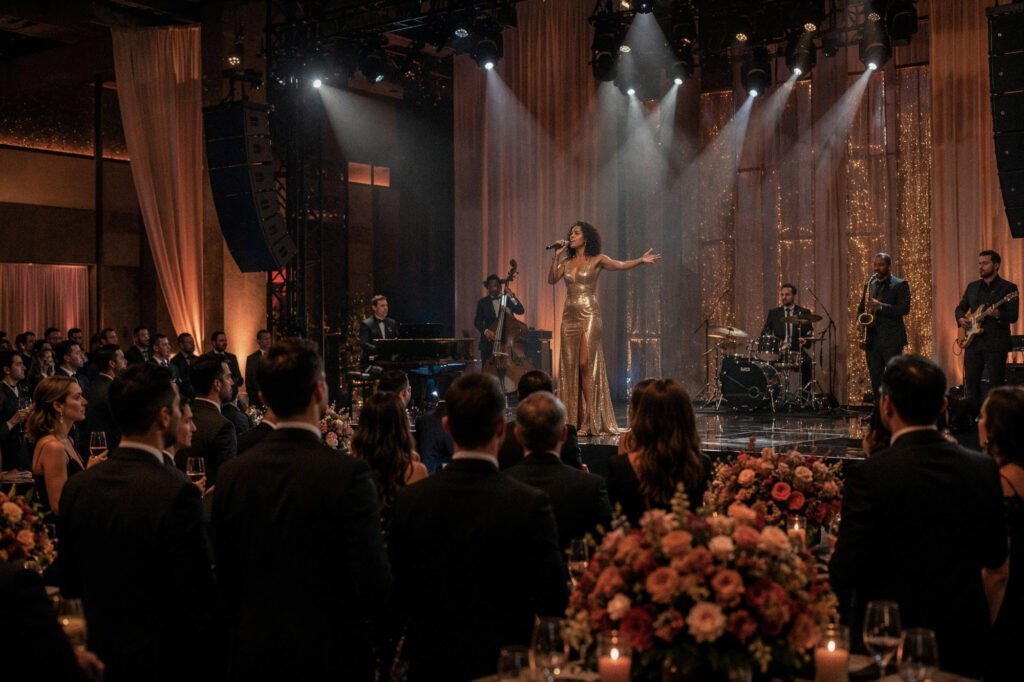 Live vocalist performing with a band on a lit San Diego event stage while seated event guests watch from dinner tables.