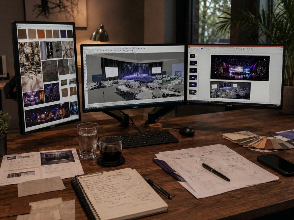 Event design workspace with monitors showing renderings, presentation slides, material samples, sketches, and planning notes.