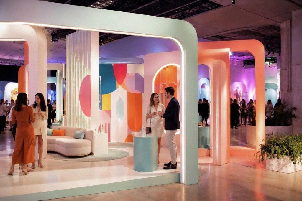 Custom-built event activation with illuminated arch structures, raised deck, lounge seating, and event guests networking.
