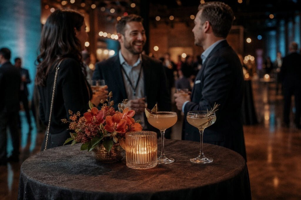Cocktail table with drinks, candlelight, coral florals, and event guests in soft focus behind.