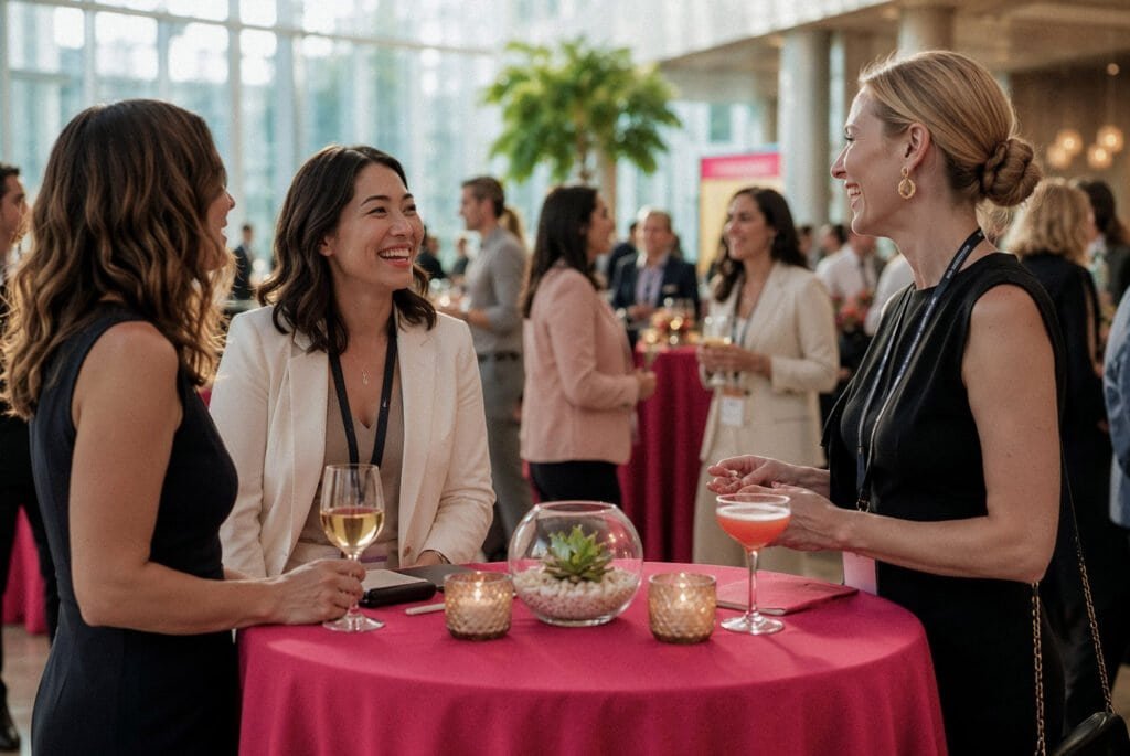Event guests talk around a cocktail table with pink linen, candlelight, drinks, and a small floral arrangement.
