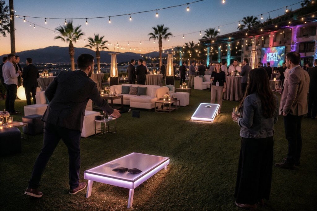 Outdoor event reception with illuminated lawn games, lounge seating, cocktail tables, string lights, and event guests at dusk.