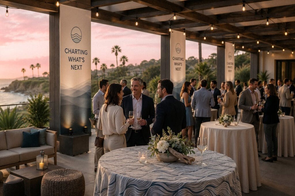 Event guests gather at a coastal reception with cocktail tables, branded columns, lounge seating, and string lighting.