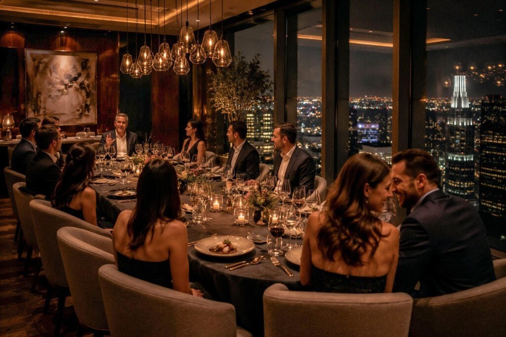 Kings table with event guests, candlelight, florals, pendant lighting, and city views through floor-to-ceiling windows.