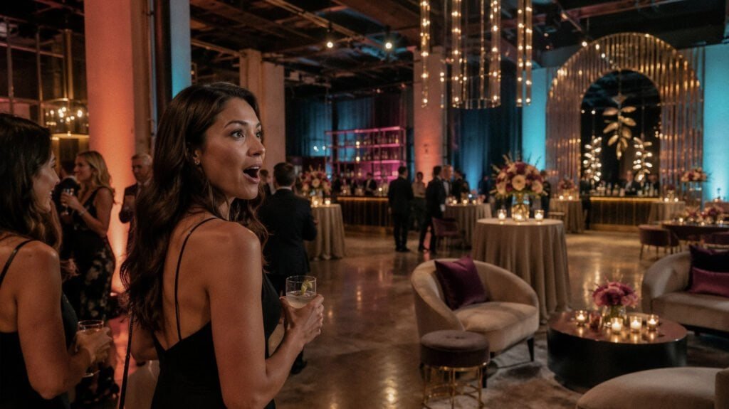 Event guest reacts inside a reception space with lounge seating, cocktail tables, florals, and teal accent lighting.
