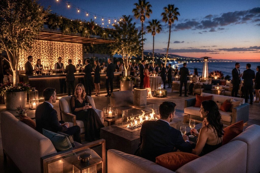 Outdoor event reception with lounge seating, fire pit, bar, palm trees, string lights, and event guests at sunset.