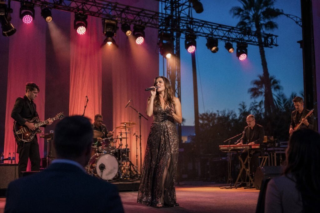 Female vocalist performs with a live band on an outdoor event stage with truss lighting and palm trees behind.
