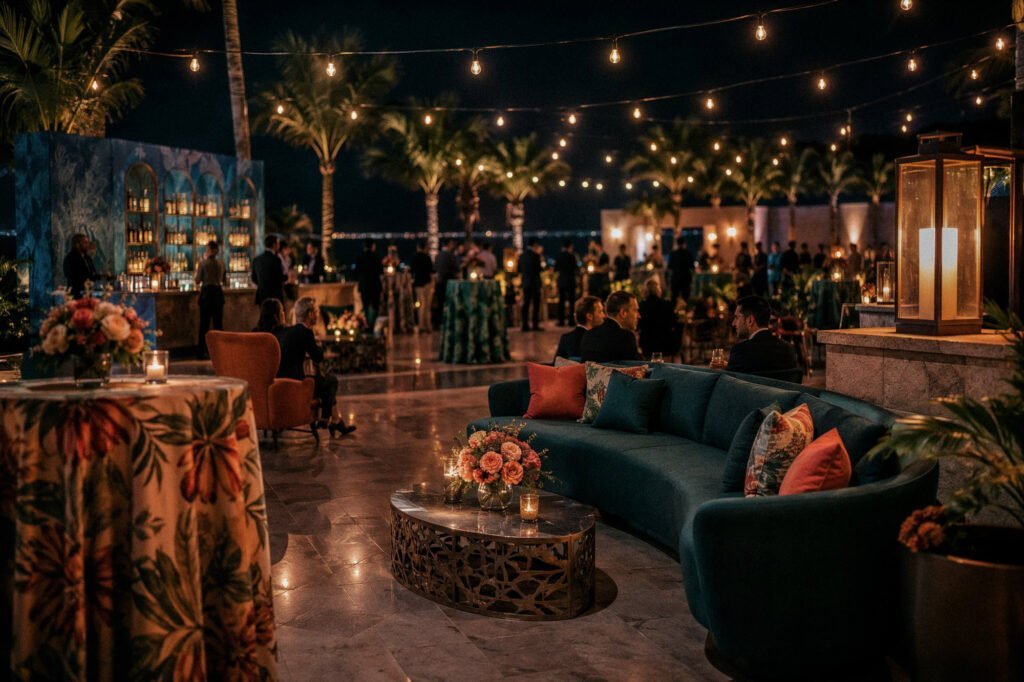 Outdoor evening event lounge with teal seating, tropical linens, candlelight, string lights, and guests gathered around a custom bar.