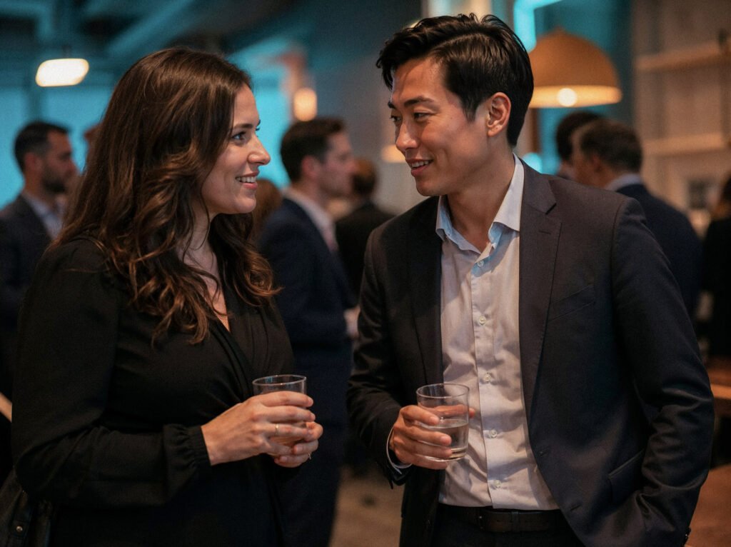 Two event guests in conversation during a corporate reception with warm ambient lighting and teal accent light in the background.