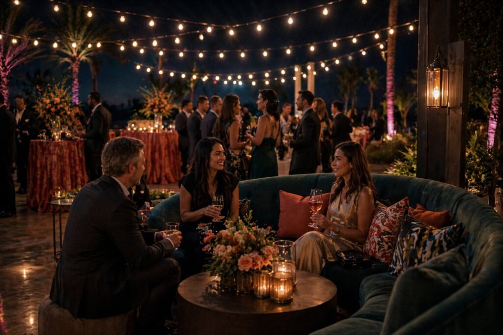 San Diego event design with styled outdoor lounge seating, candlelit florals, string lights, and evening reception guests