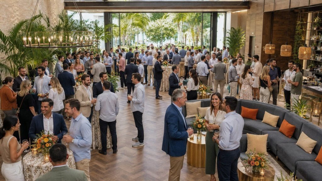 Large corporate networking reception in a bright indoor venue with lounge seating, cocktail tables, florals, and tropical greenery.