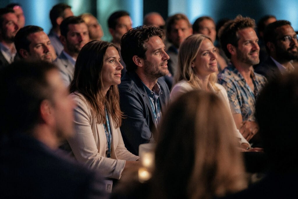 Event audience seated during a presentation with attentive expressions, shallow depth of field, and cinematic stage lighting.