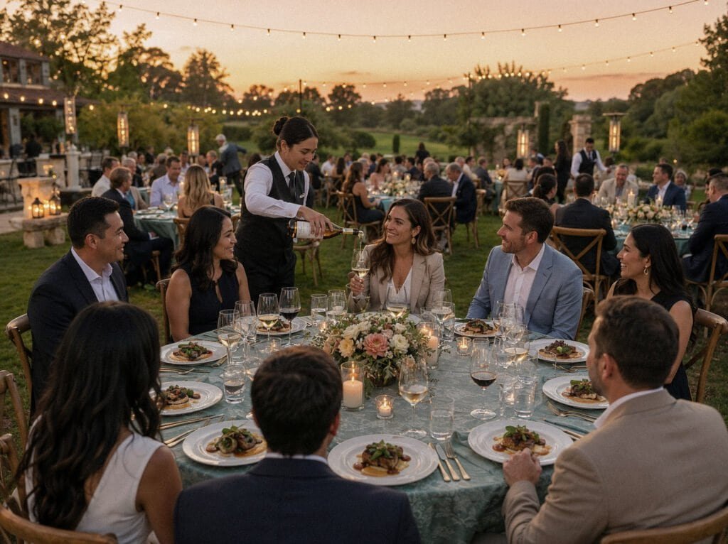 Outdoor seated dinner at sunset with event guests, candlelit tables, floral centerpieces, and service staff pouring wine.