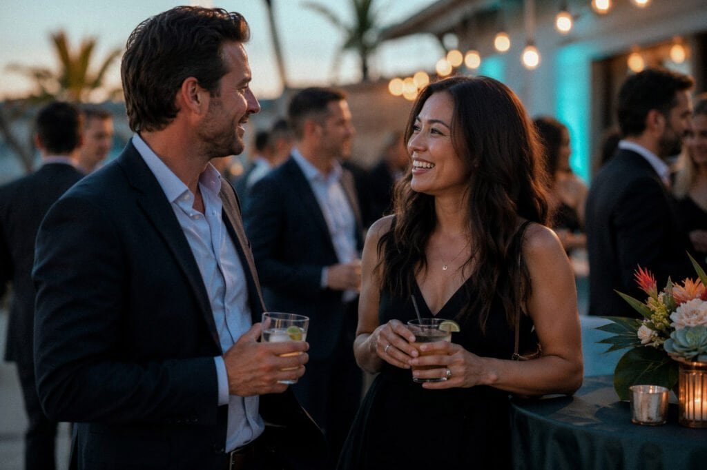 Two event guests talk at an outdoor reception with drinks, teal uplighting, florals, and soft background crowd.