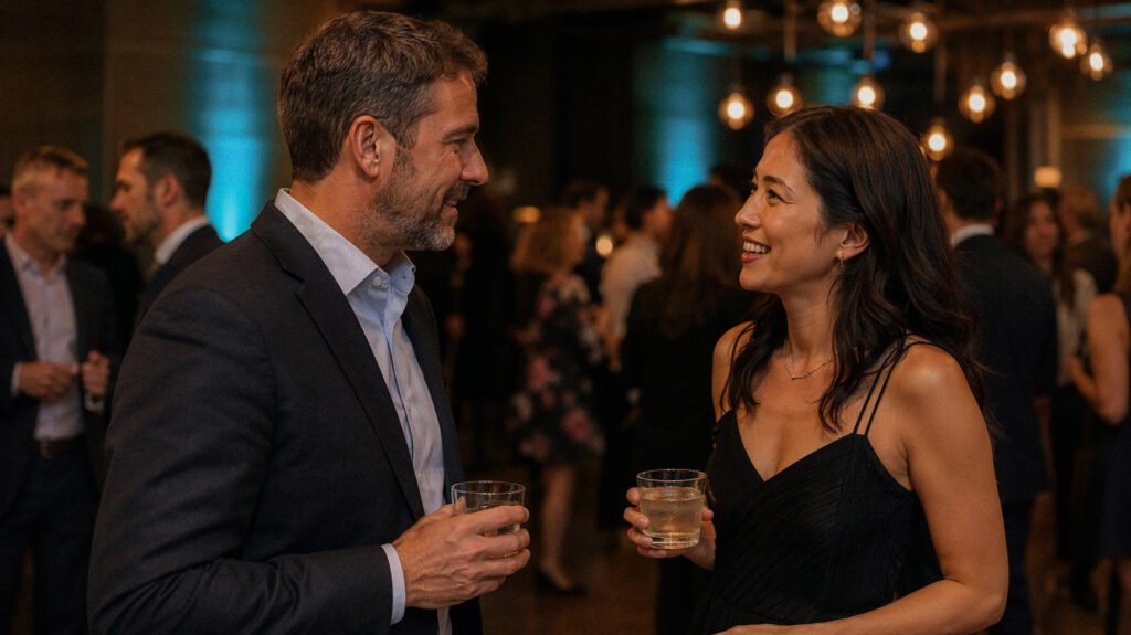 Two event guests smile in conversation during an evening reception with warm pendant lights and teal uplighting in the background.