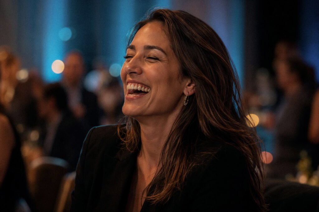 Event guest laughing during a corporate event program with blue stage lighting.