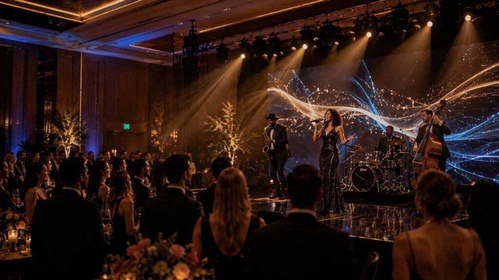 Live band performs for event guests on a polished corporate stage with theatrical lighting and LED visuals.