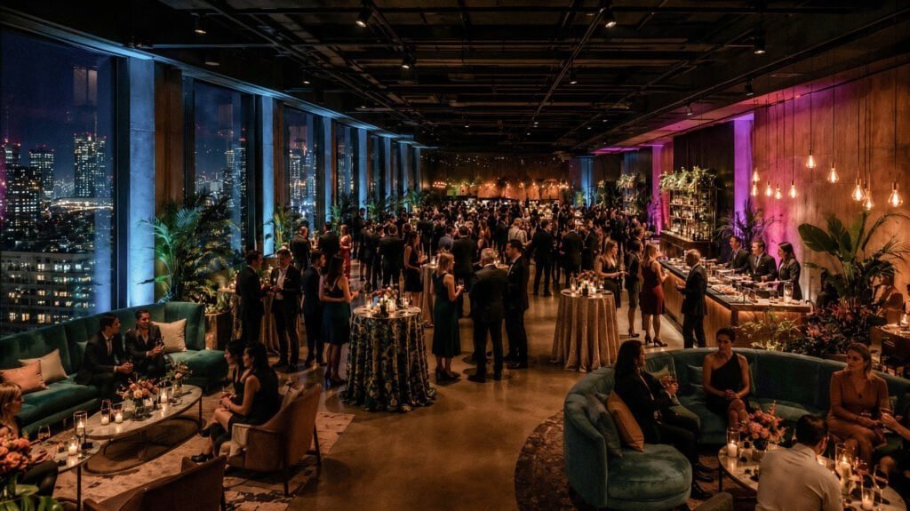 San Diego event design with lounge seating, cocktail tables, city views, and warm event lighting.