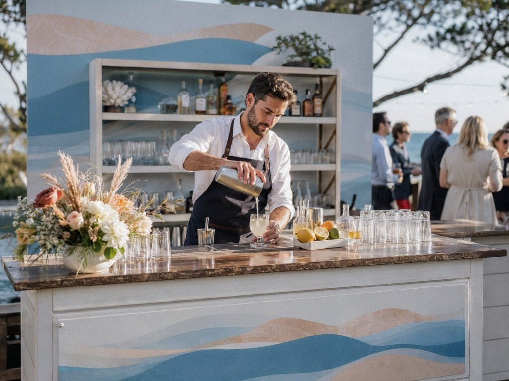 Bartender prepares cocktails at a custom coastal bar during an outdoor corporate event.